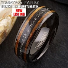 8mm Black Tungsten Carbide Men's Meteorite  Whiskey Barrel Wood Band Ring