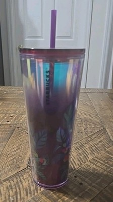 Starbucks Purple Floral Print Tumbler   24oz Cold Cup With Straw Brush Cleaner 