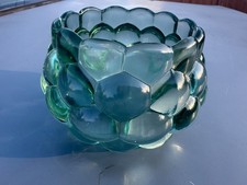 VTG Aqua Blue Glass Round Candle Holder Bubble Pattern Votive/Tea Light set of 2