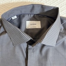 Eton Non-Iron Contemporary Fit Gray/White Stripe Check Dress Shirt 17.5 34/35