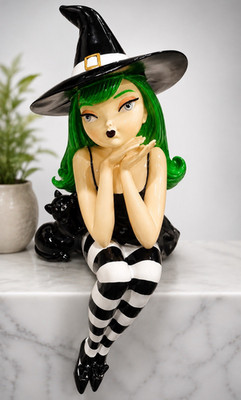Bella Lux, HalloweenWitch Figurine with Black Cat, Green Hair, Striped Resin, 3D