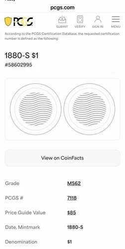 1880-S Morgan Silver Dollar PCGS MS62