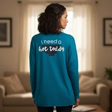 New Crown & Ivy Womens Sweatshirt "I Need A Hot Toddy" Raw Edge Blue Shirt 1X