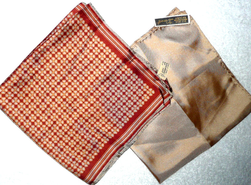 2 VTG SILK POCKET SQUARES DUMONT-GOLD TONE & GOLD & RUST-METROPOLITAIN MUSEUM