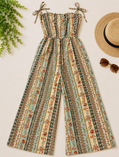 Women s Boho Floral Wide Leg Jumpsuit Tie Straps Size Small