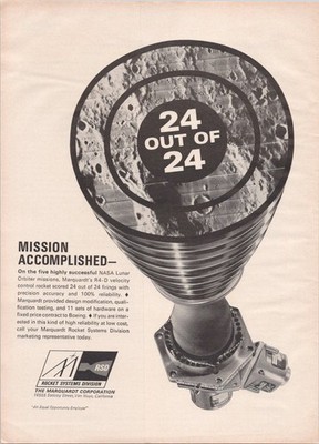 Marquardt 1967 NASA Lunar Orbiter R4-D Rocket Control Print Ad