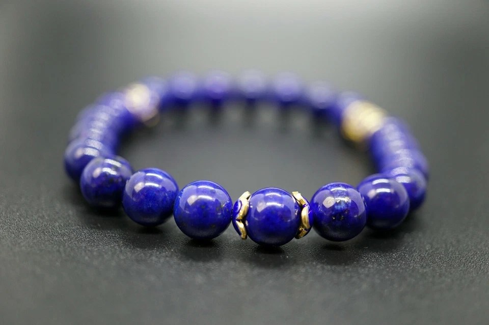 Браслет с бисером лазурит посеребренный с золотом и эмалью ручной работы 8 мм - Изображение 4 из 4