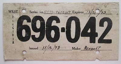  West Virginia 1973 CARDBOARD TEMPORARY TAG License Plate 