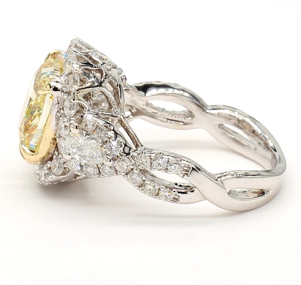 5CT Diamond Ring 18KT White Gold Natural Yellow Cushion Cut GIA Certified Size 6 - Image 3 of 4