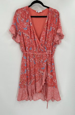 Dr2 Size L Orange Floral Faux Wrap Waist Tie Ruffle Dress Bloomcore Frilly