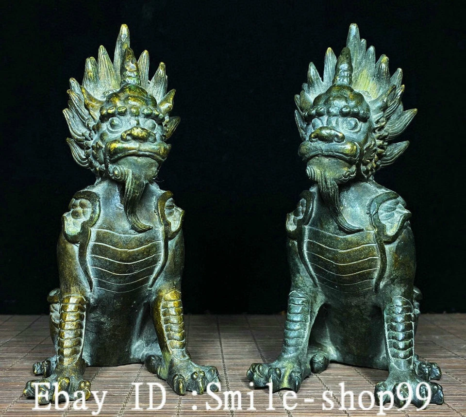 Par de estatua de bestia dragón Kirin Chi-Lin palacio dinastía mercancía bronce antiguo de 6,1" Foto 4 de 4
