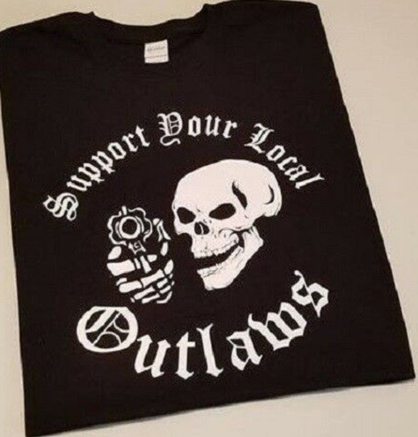 Support Your Local Outlaws Biker Motorcycle MC T-Shirt - Black Skull Graphic, 2-Sided Print