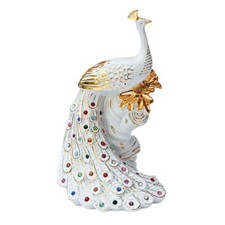 Peacock Bird Figurine White Porcelain Gold with Rhinestone Display Case Decor