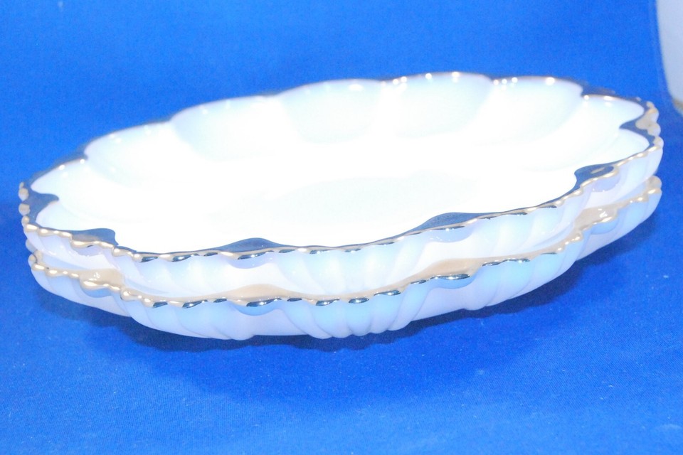 2 Fire King Anchor Hocking Deviled Egg Dish White Milk Glass Gold Trim Vtg eBay