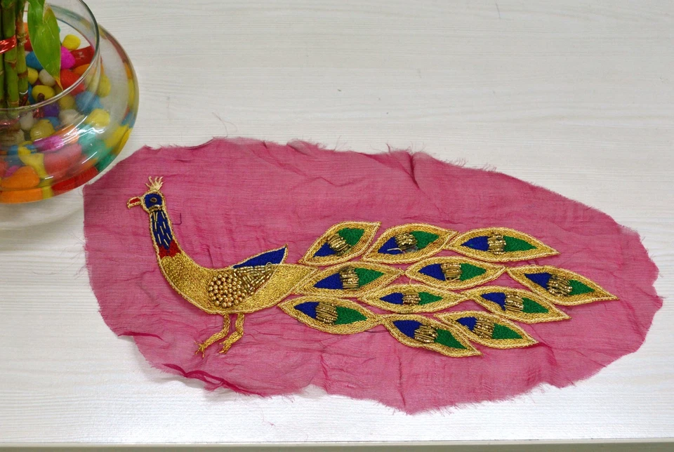 Vintage 2 Pcs Appliques Pink Chiffon Silk Peacock VERY OLD ANTIQUE Rare Patches - Image 4 of 4