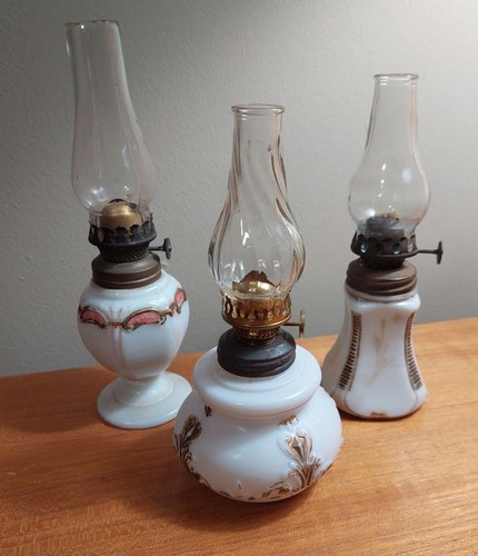 Three Vintage Milk Glass Miniature Oil Lamps