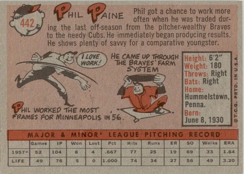 1958 Topps 442 Phil Paine RC EX #D229073 - 第 2/2 張圖片