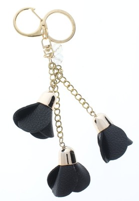 Black Dangle Drop Rose Bud Flower Gold Tone Key Chain Fob Purse Charm