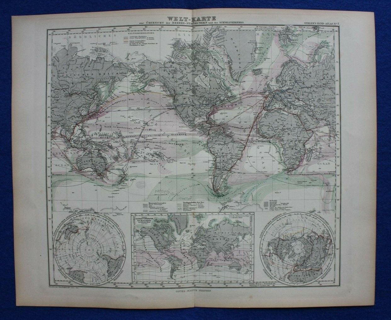 Original antique map WORLD MAP, OCEAN CURRENTS, TELEGRAPH LINES, Stieler, 1889