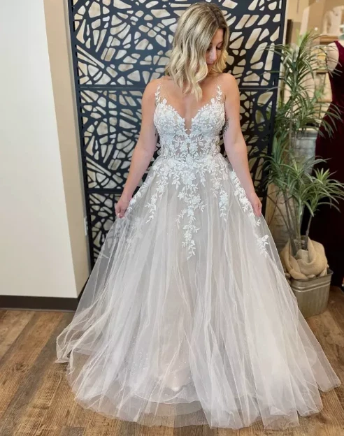 Vestidos de noiva boho gola V apliques de renda linha A trem varredura vestido de noiva praia - Imagem 3 de 4