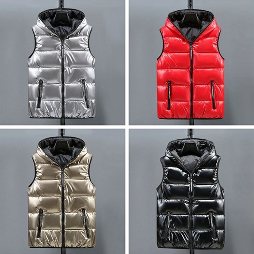 Herren Puffer Gesteppt mit Kapuze Weste Metallisch Glänzend Bubble Jacke Mantel - Bild 3 von 15