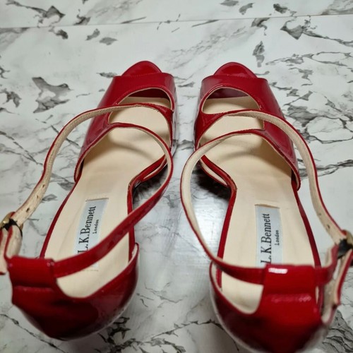L K Bennett Size 4 Red Patent Leather Strappy Peep Toe Heels Stiletto Rose Goth - Picture 6 of 7