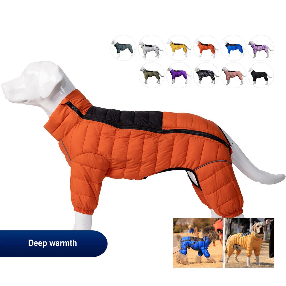 LOVELONGLONG Dog Coat Warm Jacket, 4 Legs Covered Waterproof Windproof Reflective Dog Pajamas