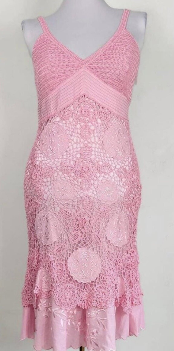 SUE WONG GORGEOUS Crochet Knit Dress Sz S Rayon Stretch Lined