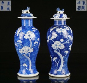 2x Antique Chinese Blue and White Porcelain Vase and Covers KANGXI Mark 19th C