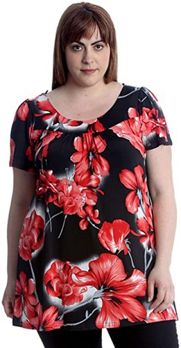 Women Ladies Plus Size Short Sleeves Scoop Neckline Floral Print Smock Tunic Top - Picture 6 of 22