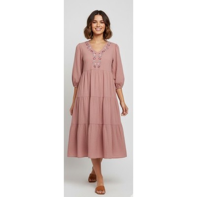 Preswick & Moore Women Medium Terracotta Mauve Pink Embroidered Tiered Dress