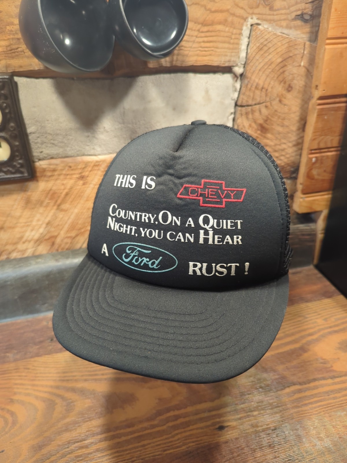 Vintage Chevy Country Quiet Night You Can Hear A Ford Rust Snapback Trucker Hat