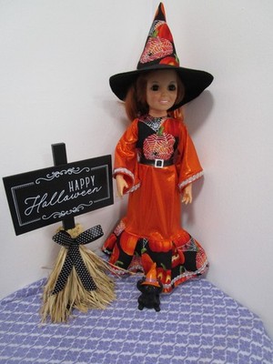 Beautiful  18'' NO Doll Ideal Long Orange Black Pumpkin Witch Costume Hat Dress