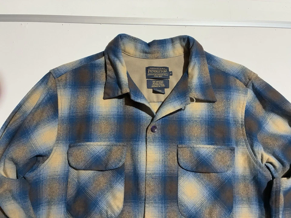 Pendleton Board Shirt M Lined Wool Plaid Blue Tan Spray Fade USA Fabric - Read - Image 3 of 4