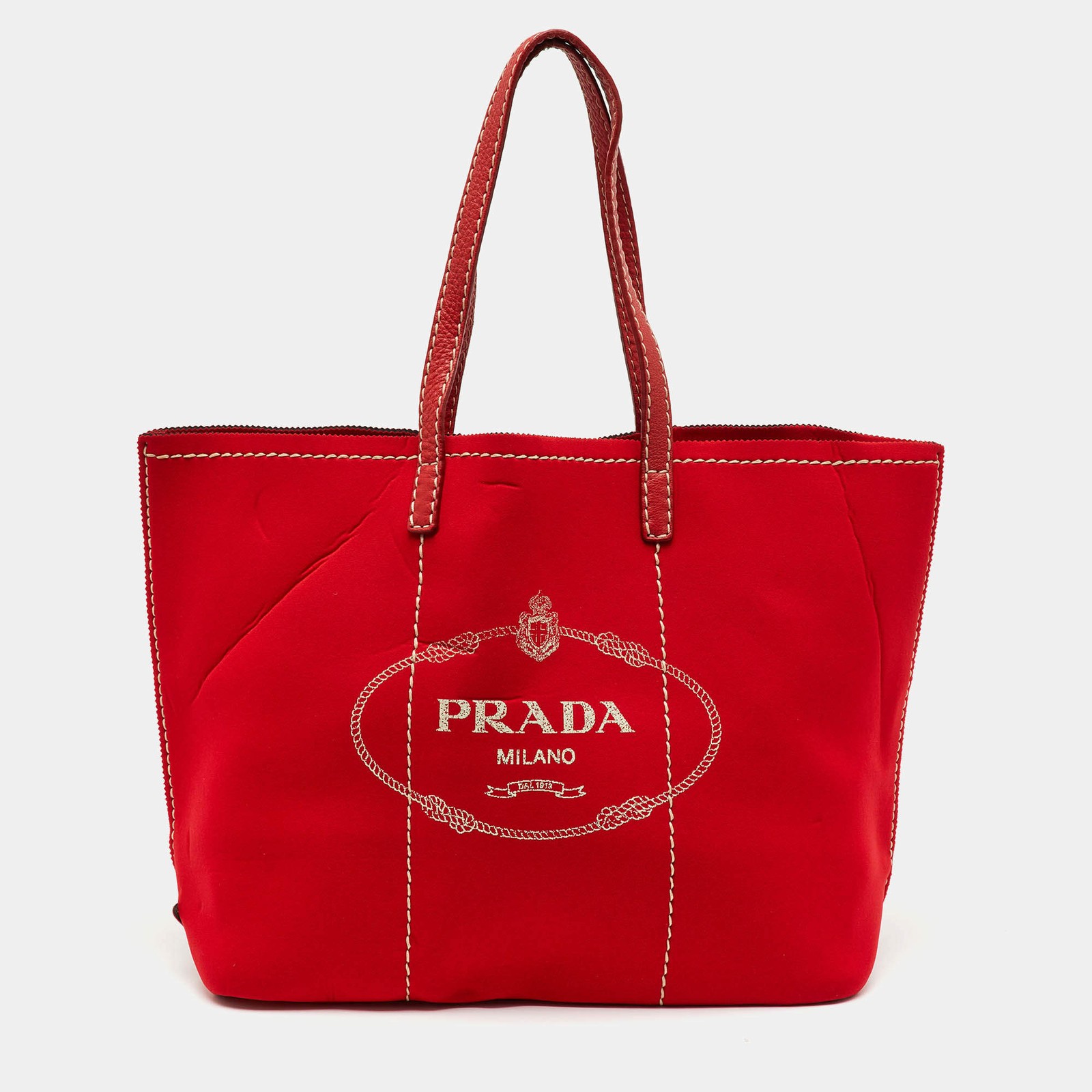 Prada Red Neoprene and Leather Logo Canapa Tote