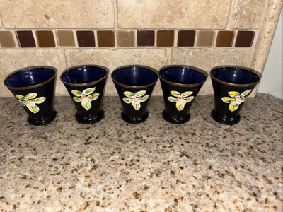 Vintage Cobalt Blue Gold Guilded Hand Painted Shot Glasses Floral #A85 Japan