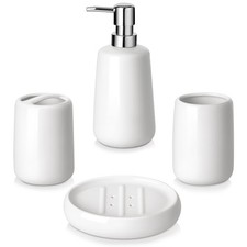 White Bathroom Set, Ceramic Soap Dispenser and Toothbrush Holder Sets, Stonew...