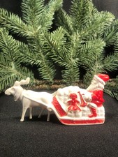 Vintage Christmas Irwin Celluloid Santa Sleigh and Reindeer 1950 s USA