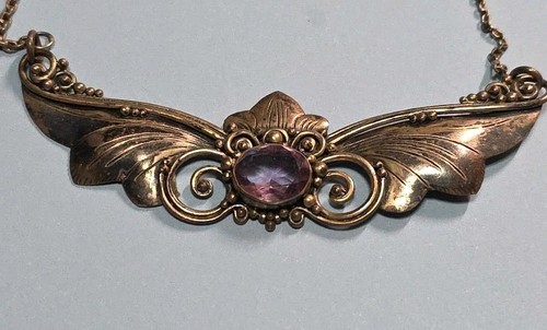 Vintage 925 Sterling Silver Art Nouveau Style Amethyst Scroll Leaf Necklace 9g