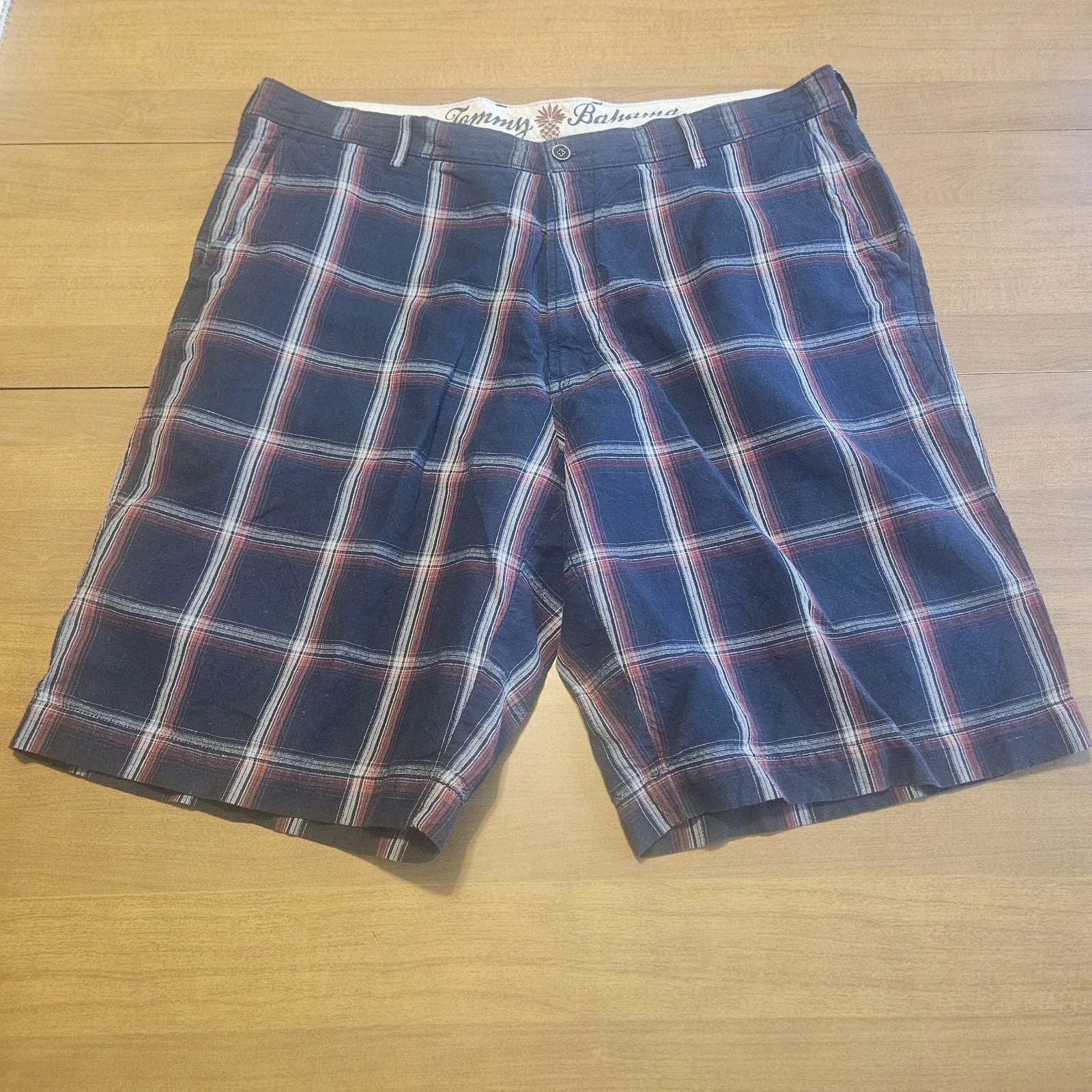 Tommy Bahama Plaid Shorts Mens 38 Blue Linen Cotton Blend Flat Front Relaxed