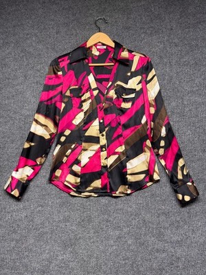 Cache Women's Y2K Silk blouse M Abstract Print Multicolor Snaps Long Sleeve