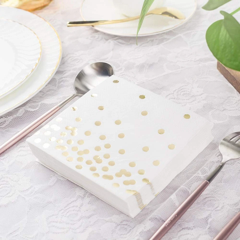 White Cocktail Napkins with Gold Dots 80 Pack 5x5 3 Ply - Image 2 of 4