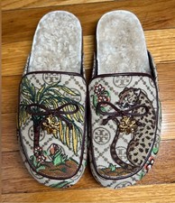 Tory Burch Brown Monogram Fur Cheetah Mules Slides in Size 6.5