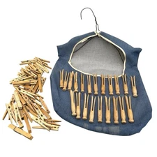 Vintage Hanging Clothes Pin Bag & Mixed Lot of Wooden Clothes Pins Ships Quickly