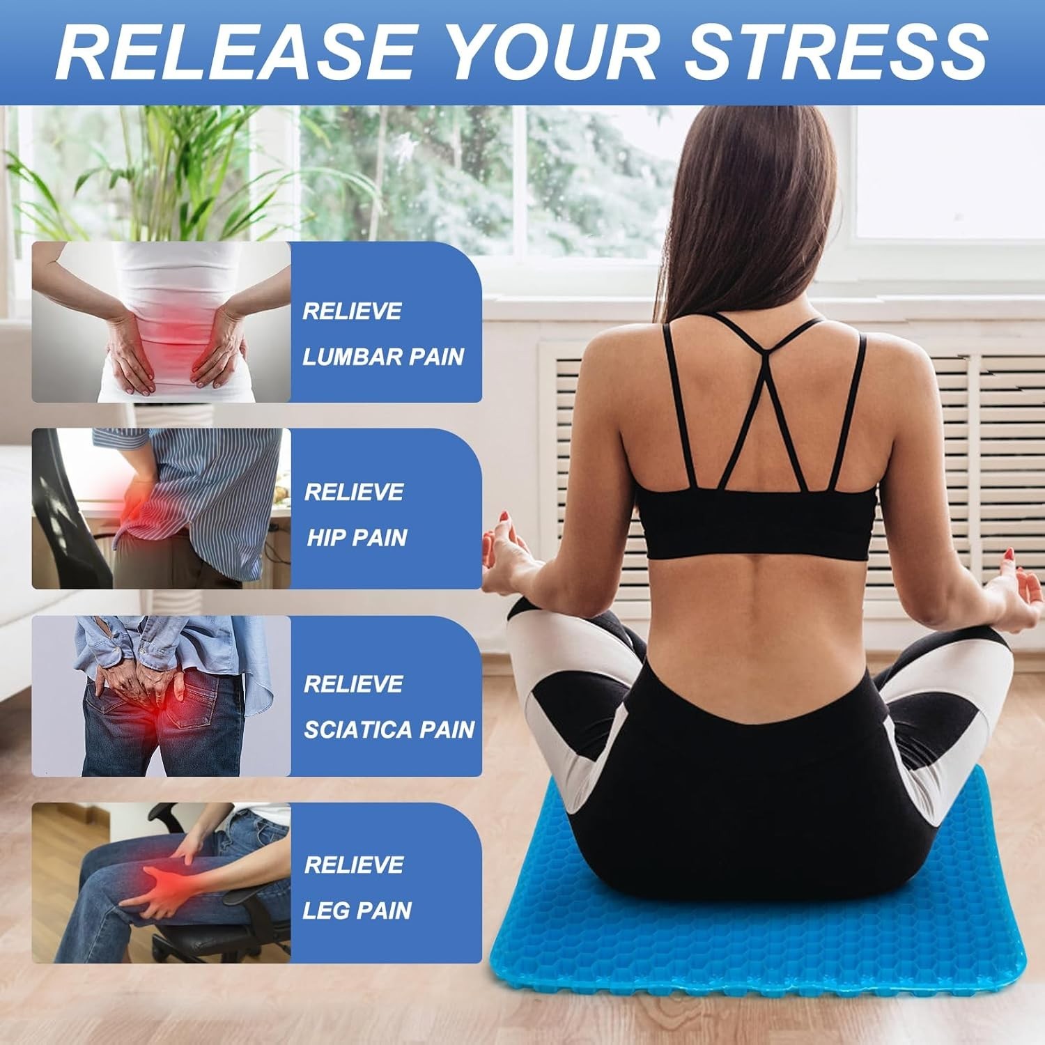 Pressure Relief Gel Seat Cushion Relieves Lumbar Hip Leg Back & Sciatica Pain