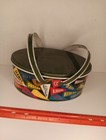 Vintage Antique 1950's Oval Tin Metal Lunch Box College Football Pennants picnic