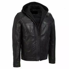 Mens Genuine Lambskin Leather Black Hooded Removable Hood Zip Jacket Casual Coat