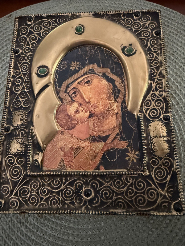 Madonna & Child Christianity Icon Plaque, Ornate Metal Cover/Frame, Red Backing