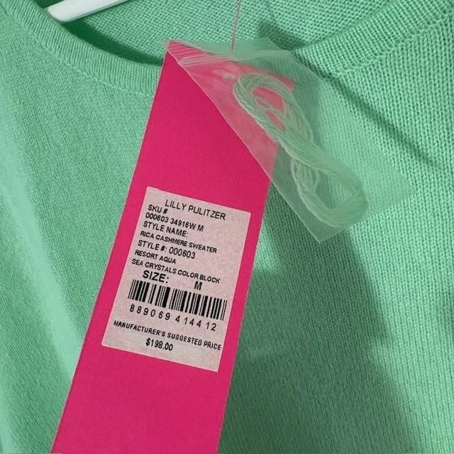 Suéter Lilly Pulitzer Mujer Medio Verde Aqua Rica Cachemira Color Bloque Flecos Foto 4 de 4