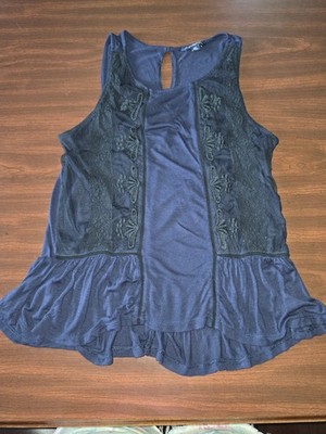 American Eagle Womens M Navy Embroidered Lace Tank Top Peplum Keyhole Boho Hem